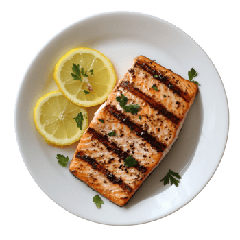 Delicious Grilled Salmon on White Plate on transparent background. png