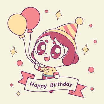 happy birthday card with cute cartoon girl holding balloons, vector