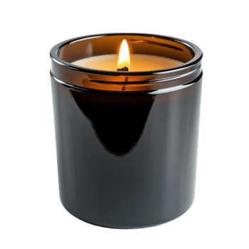 Burning Candle in Black Glass Jar on transparent background. png