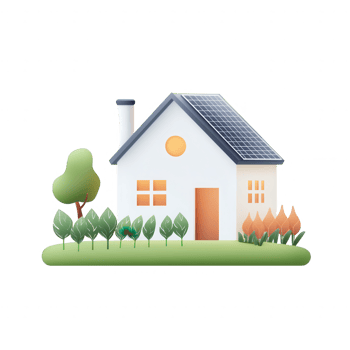 A charming house with a solar panel, surrounded by lush greenery and colorful plants. png