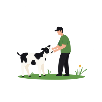 A farmer interacting with a friendly black and white cow in a green field. png