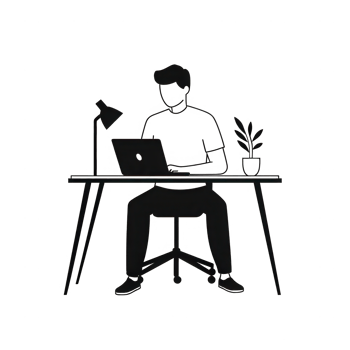 A man working at a desk, using a laptop with a plant and lamp surrounding him. png
