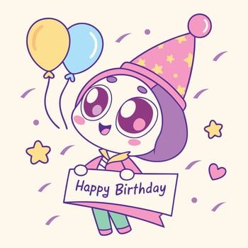 happy birthday card with cute cartoon character holding a banner vector