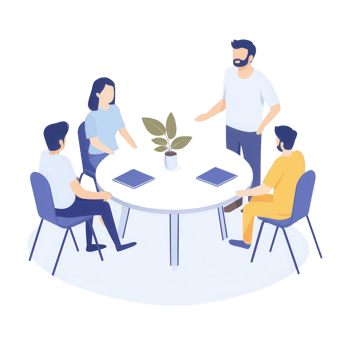 A team collaborates during a meeting around a round table with digital devices. png