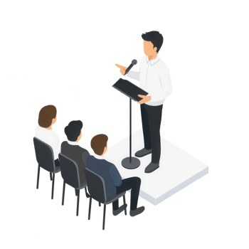 A speaker delivers a presentation to a seated audience, showcasing effective communication. png