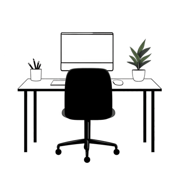 A stylish workspace featuring a desk, computer, and decorative plant. png