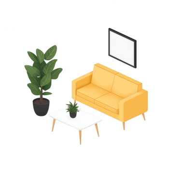 Cozy living room featuring a modern yellow sofa, indoor plants, and white coffee table. png