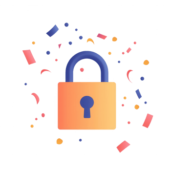 Vibrant digital illustration of a padlock surrounded by colorful shapes and confetti. png