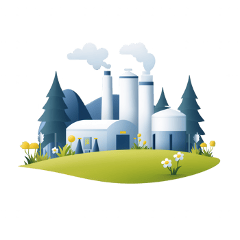Stylized factory illustration surrounded by trees and flowers in a natural setting. png