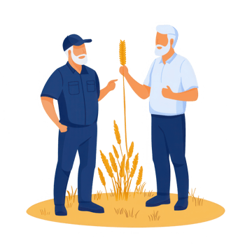 Two farmers discussing crop growth amidst golden wheat fields. png