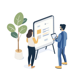 Two professionals collaborating on a project using digital devices and presentation board. png