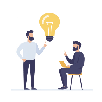 Two men sharing innovative ideas with a light bulb symbolizing creativity and collaboration. png