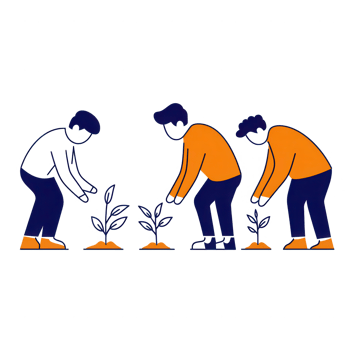Three people cultivating plants in a garden, promoting teamwork and nature care. png