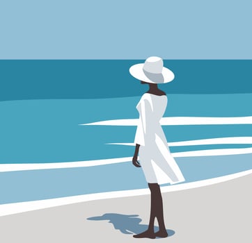 simple flat illustration of a tanned woman on vacation in a white dress, wearing a hat on the beach. , flat illustration, flat design vector