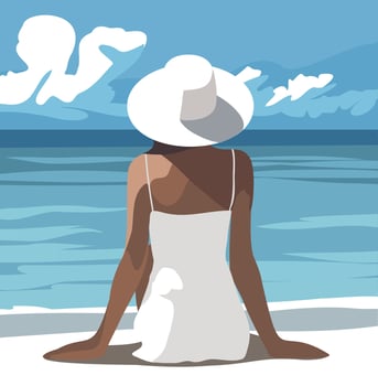 flat illustration of a tanned woman on vacation in a white dress, wearing a hat on the beach, sitting pose, perspective from the back. , flat illustration vector