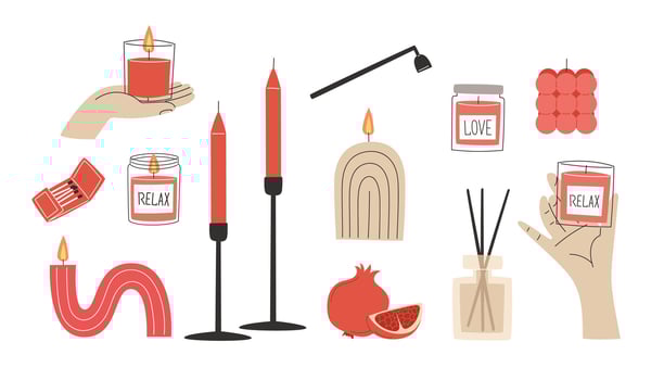 Set of relaxation candles with pomegranate, accompanied by a fragrance oil reed diffuser vector