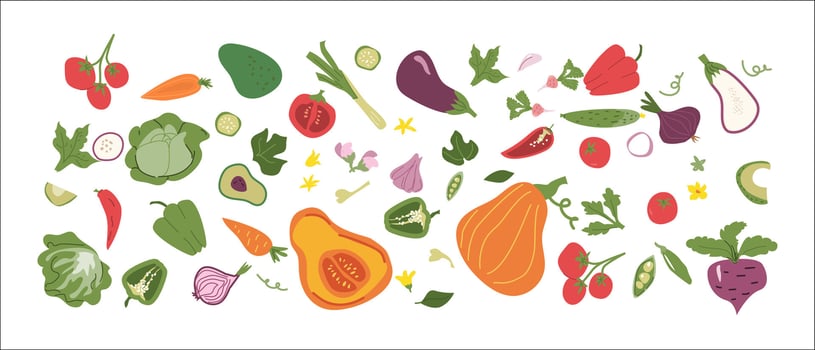 Colorful variety of fresh vegetables and fruits on white background. vector