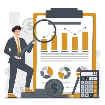 business audit Businessman with magnifying glass and financial report. Flat illustration. vector