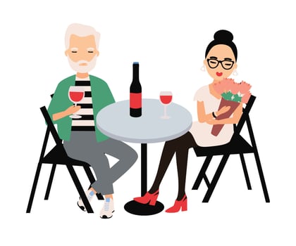 Pair of man and woman dressed in elegant clothing sitting at table and drinking red wine. Couple on romantic date or meeting. Lovers at restaurant. Cartoon colorful illustration in flat style vector