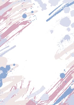 Modern vertical backdrop decorated with pink and blue pastel paint traces, blots and brush strokes on white background. Hand painted frame or border. Artistic illustration in grunge style vector