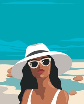 Woman on vacation on the beach. Girl with glasses and hat. Banner with place for text, party, vacation and travel. Background on the theme of seasonal holidays, weekends. vector