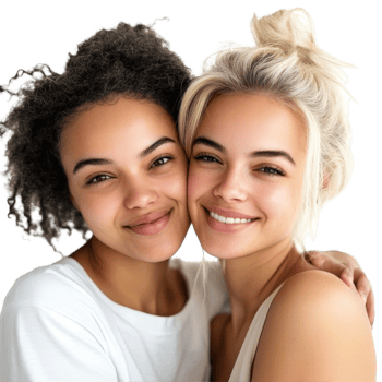 Happy lesbian couple embracing joyfully while isolated on a transparent background, capturing genuine affection and love, happy lesbian women isolated on transparent png