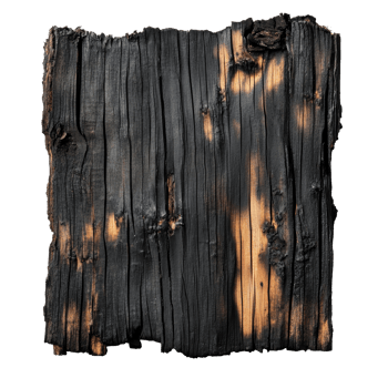Old burned wood panel isolated on transparent background showcasing unique textures and dark charred patterns, old burned wood blank isolated on transparent background png