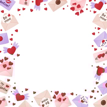 Romantic Valentines Day frame with love letters, flying hearts, and scattered red hearts isolated on white background. Template for social media vector