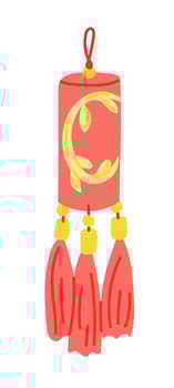 Simple red and yellow Chinese lantern with decorative tassels and traditional floral design. Hand drawn illustration isolated on white background. Chinese New Year item vector