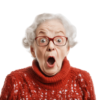 Surprised granny with glasses expresses shock and amazement on a bright transparent background, Surprised granny on transparent background png