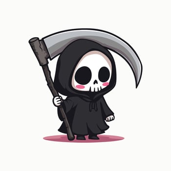 Cute cartoon panda dressed as a grim reaper holding a scythe, illustration in adorable spooky style vector