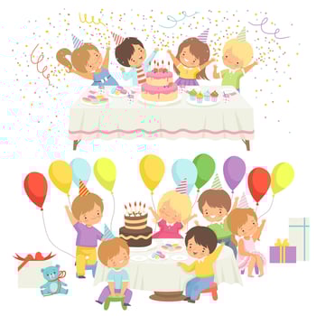 Happy Kids at Birthday Party Set, Cute Boys and Girls Sitting at Festive Table with Cake Illustration vector