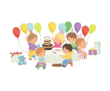 Cute Boys and Girls in Party Hats Sitting at Festive Table with Cake and Colorful Balloons, Happy Birthday Party Celebration Illustration vector