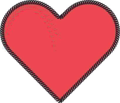 red heart stitched along the contour with black threads without background vector