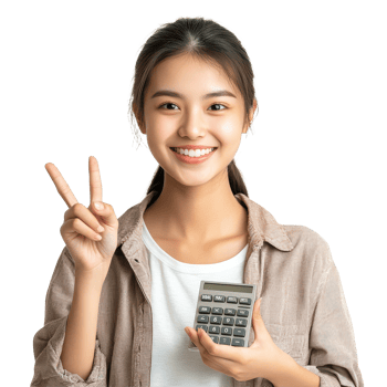 Young Asian woman smiles while holding a calculator and making an OK hand gesture, Young Asian woman feel happy with OK hand signal hold in hands calculator isolated transparent background png