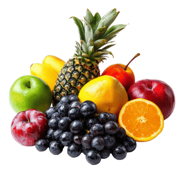 An assortment of fresh fruits on a clean transparent background, including apples, grapes, and pineapple, Various type of fruits isolated png