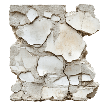 Broken concrete cement wall with peeling plaster isolated on a transparent background, broken concrete cement wall, isolated background png