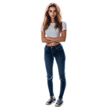 Young woman in casual jeans and a transparent shirt standing confidently against a transparent background, young pretty woman in jeans isolated on transparent background png