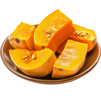 Butternut squash pieces on a brown plate set against a clean transparent backdrop, ideal for healthy meals, butternut squash in a plate isolated on transparent background png