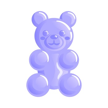A cute purple gummy bear with a glossy finish, sitting cheerfully, its small eyes sparkling with joy. Its rounded body and floppy arms exude sweetness, making it an adorable treat for all ages. vector