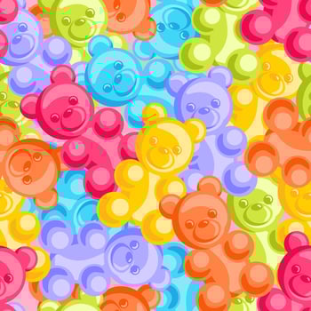 playful seamless pattern featuring colorful jelly bears in various vibrant shades. These adorable gummy candies are arranged beautifully, creating a cheerful and whimsical design perfect for packaging vector