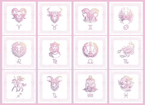 A set of zodiac sign cards in pastel colors. Outline signs of the astrological horoscope. Icons, templates vector