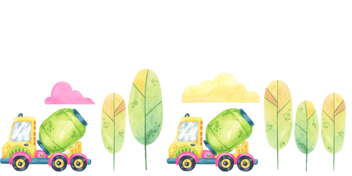 Green cement trucks, vibrant pink clouds, and lush trees. Seamless border construction site, toys watercolor clipart. Ideal for stationery, kids book illustrations, or eco-friendly merchandise designs png
