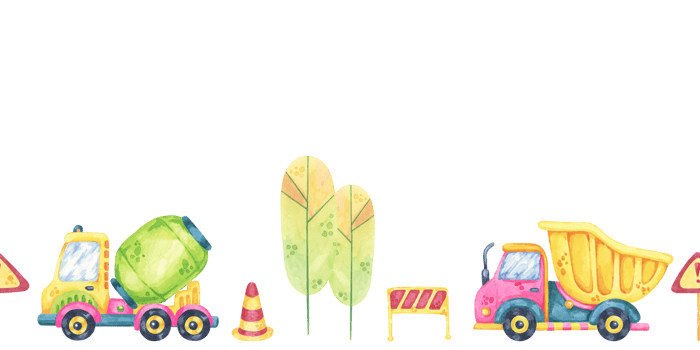 Cement mixers, traffic cones, and dump trucks. Seamless border construction site, toys watercolor clipart. Versatile illustration for scrapbook layouts, children's educational tools, or craft papers png
