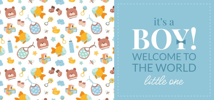 Cute invitation card or flyer for a baby shower, birthday, or gender reveal party. It's a Boy design. Horizontal template with a baby themed pattern and text on blue background. vector