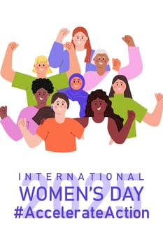 Accelerate action IWD 2025 vertical banner template with diverse women with hands raised up with closed fists. International Women's day poster. Modern flat illustration on white background vector