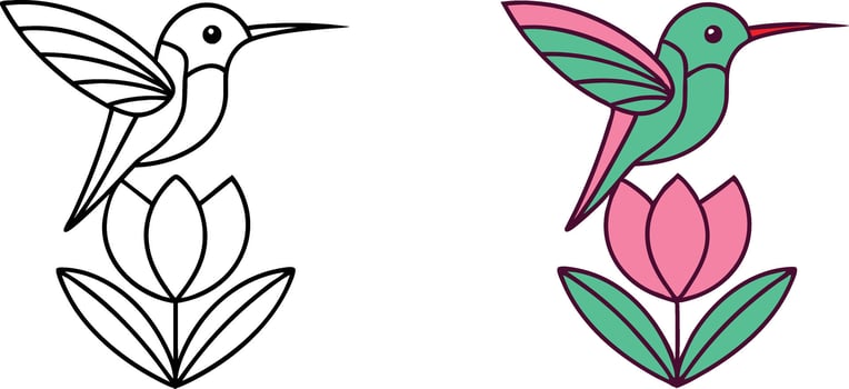 Hummingbird on Flower Line Art, Coloring Page, Nature Illustration vector