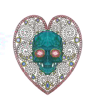 Jewelry design art vintage heart mix skull set with blue and red sapphire diamond turquoise hand drawing and make graphic . vector