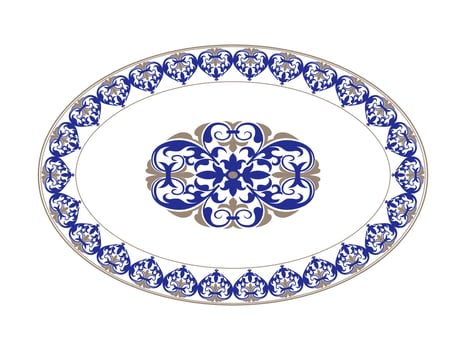 Oriental porcelain plate with golden blue pattern on white background. Oval frame arabesque. Plate with a large floral element in the center. Moroccan pattern. Pattern frame for oval ceramics, textile vector