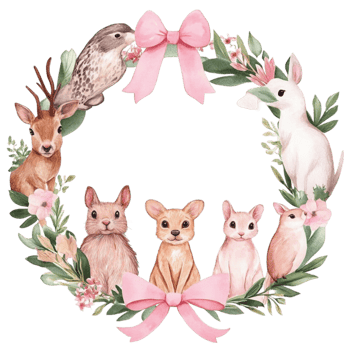 Watercolor Wreath with Animals and Flowers on Transparent Background png